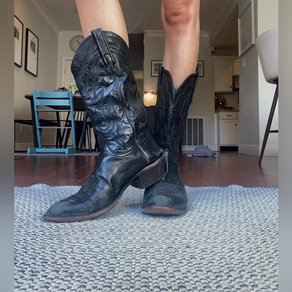 (SOLD) Vintage WIDE Lucchese Black Leather Mid-calf cowboy boots - Picture 2 of 9